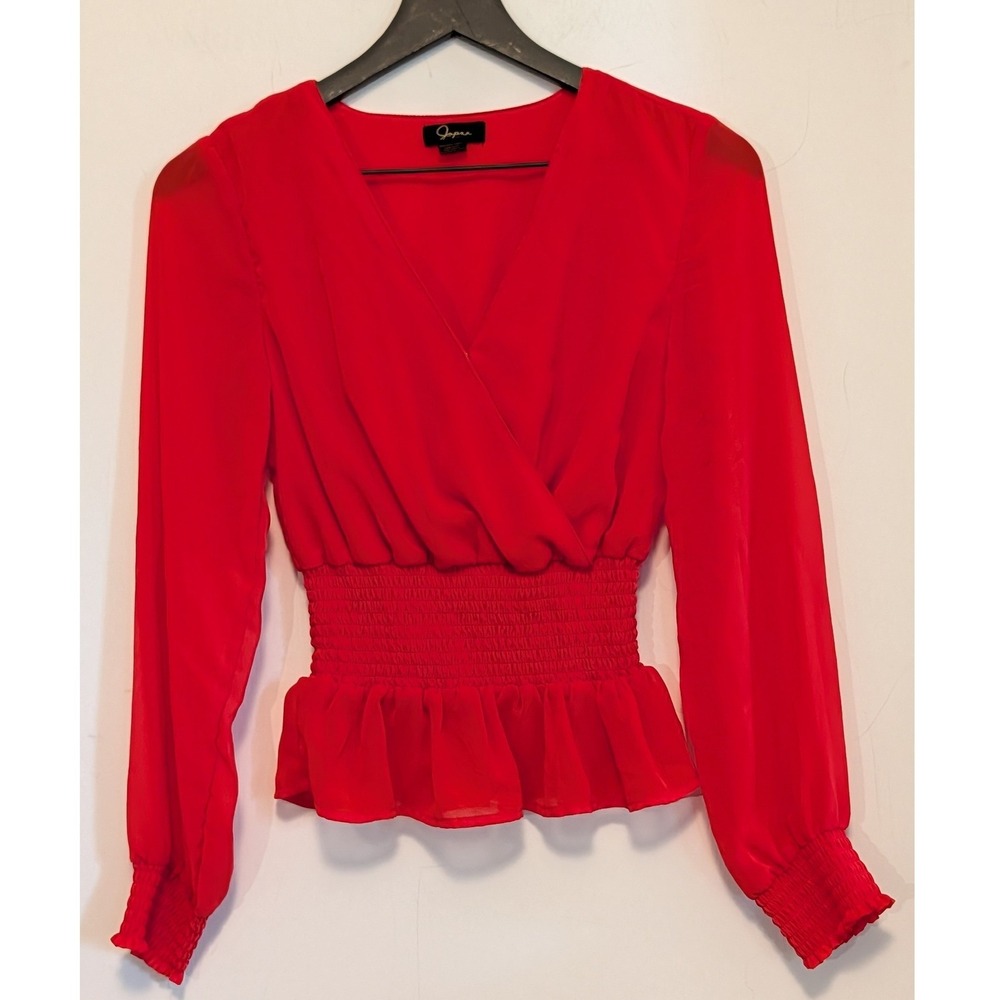 Japna Red Surplice Smocked Peplum Blouse XS Long Sleeve Ruffle Hem Top Boho chic